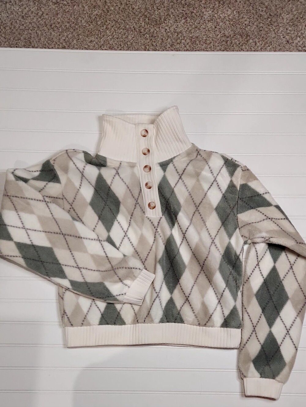 Thread & Supply Cream And Sage Green Argyle Mock Neck Cropped Fleece Sweater XS